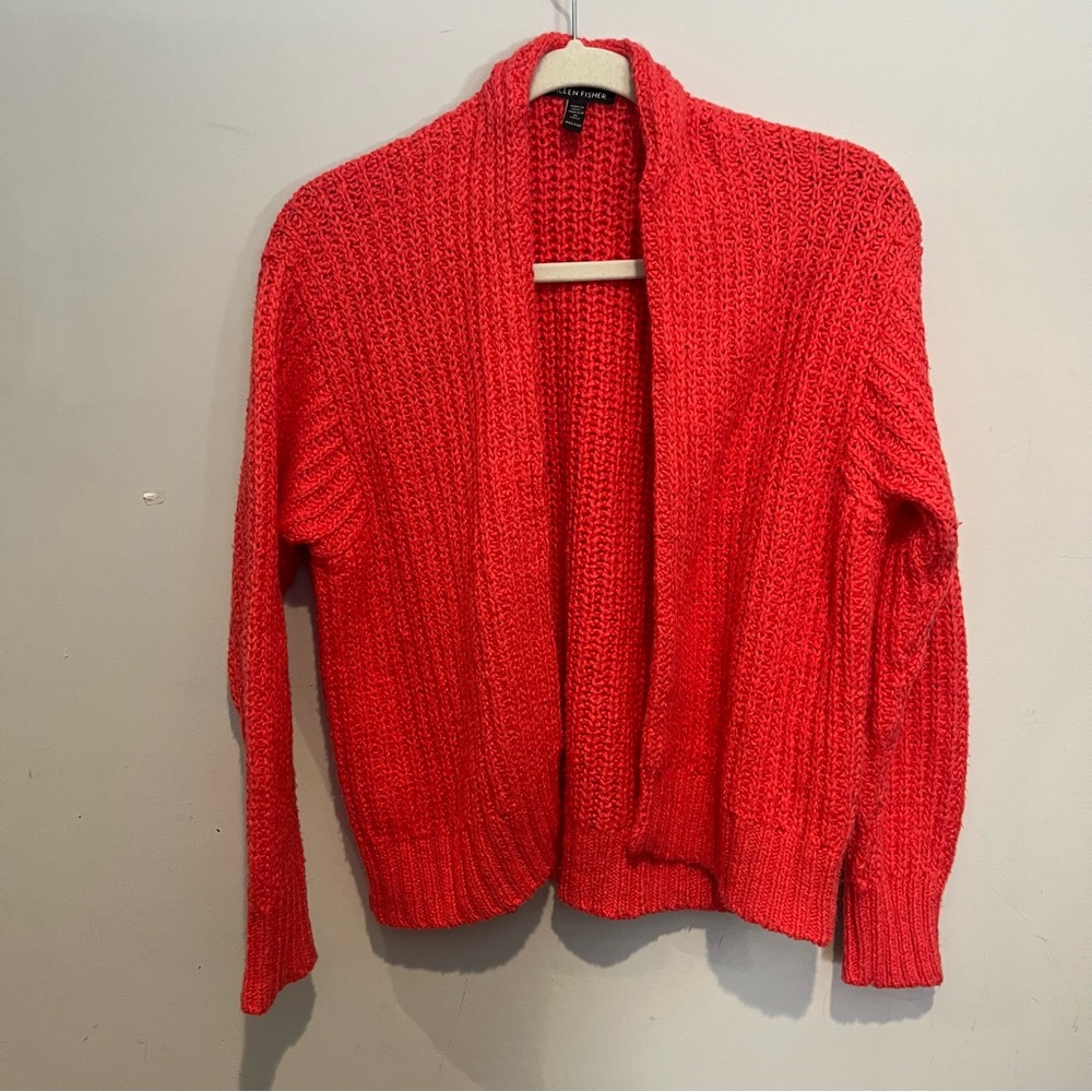 Eileen Fisher Sweater Women Coral Pink Xxs Open Cardigan Crop Chunky Cotton
